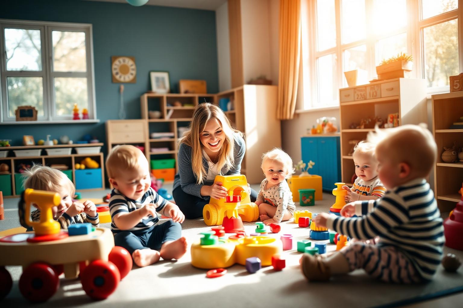 Happy children playing in a fully booked nursery room