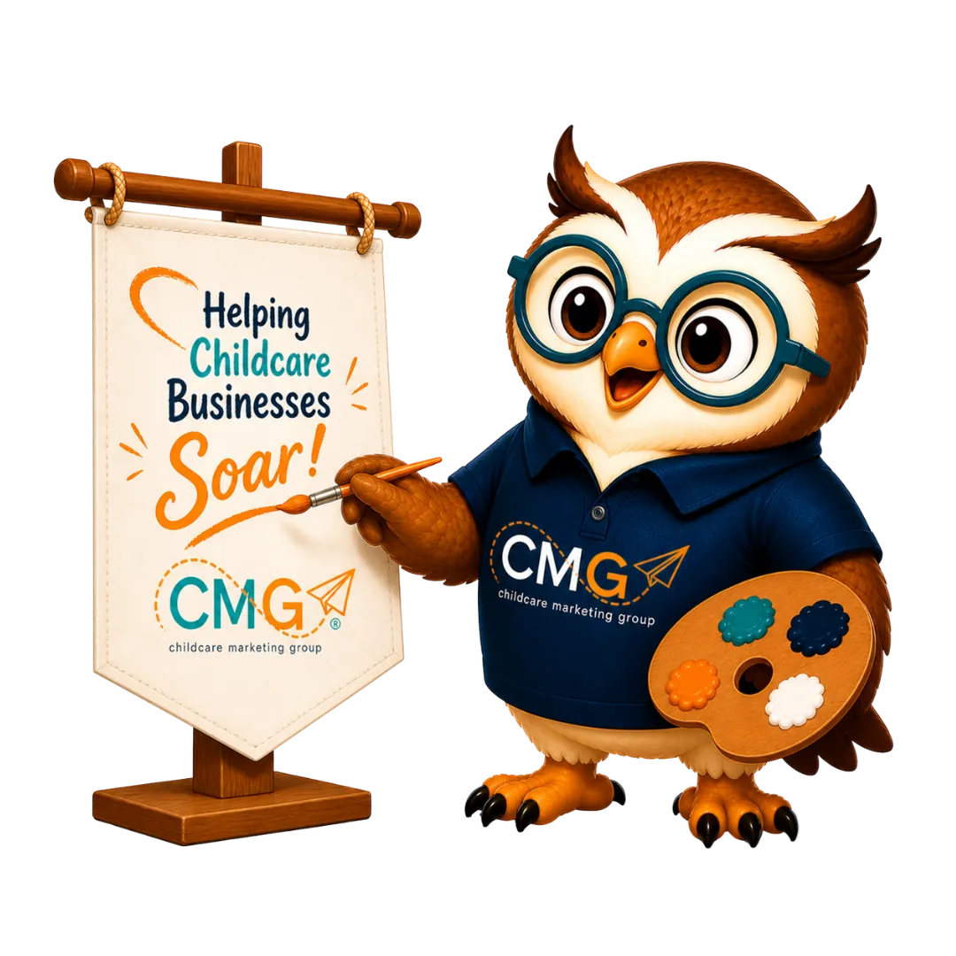 CMG owl mascot holding a paper plane